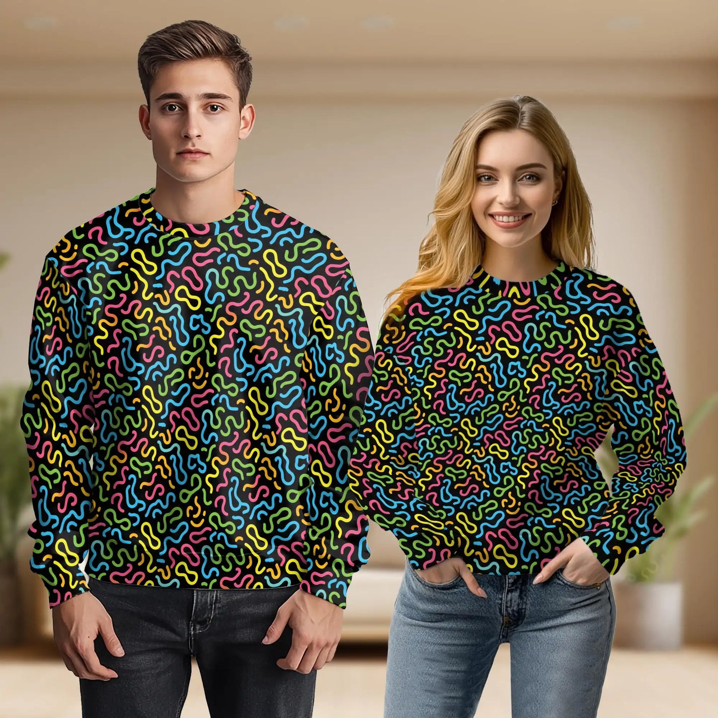 Neon Scribble Art Sweatshirt, 3D All Over Print Colorful Abstract Crewneck Pullover for Men Women, Art Lover Gift - Netecom