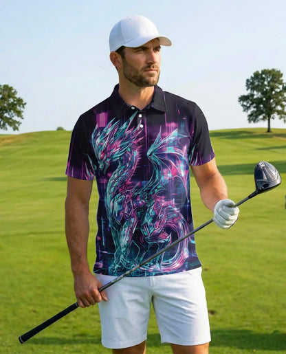 Cyber Dragon Polo Shirt for Men - Neon Fantasy Art | Netecom