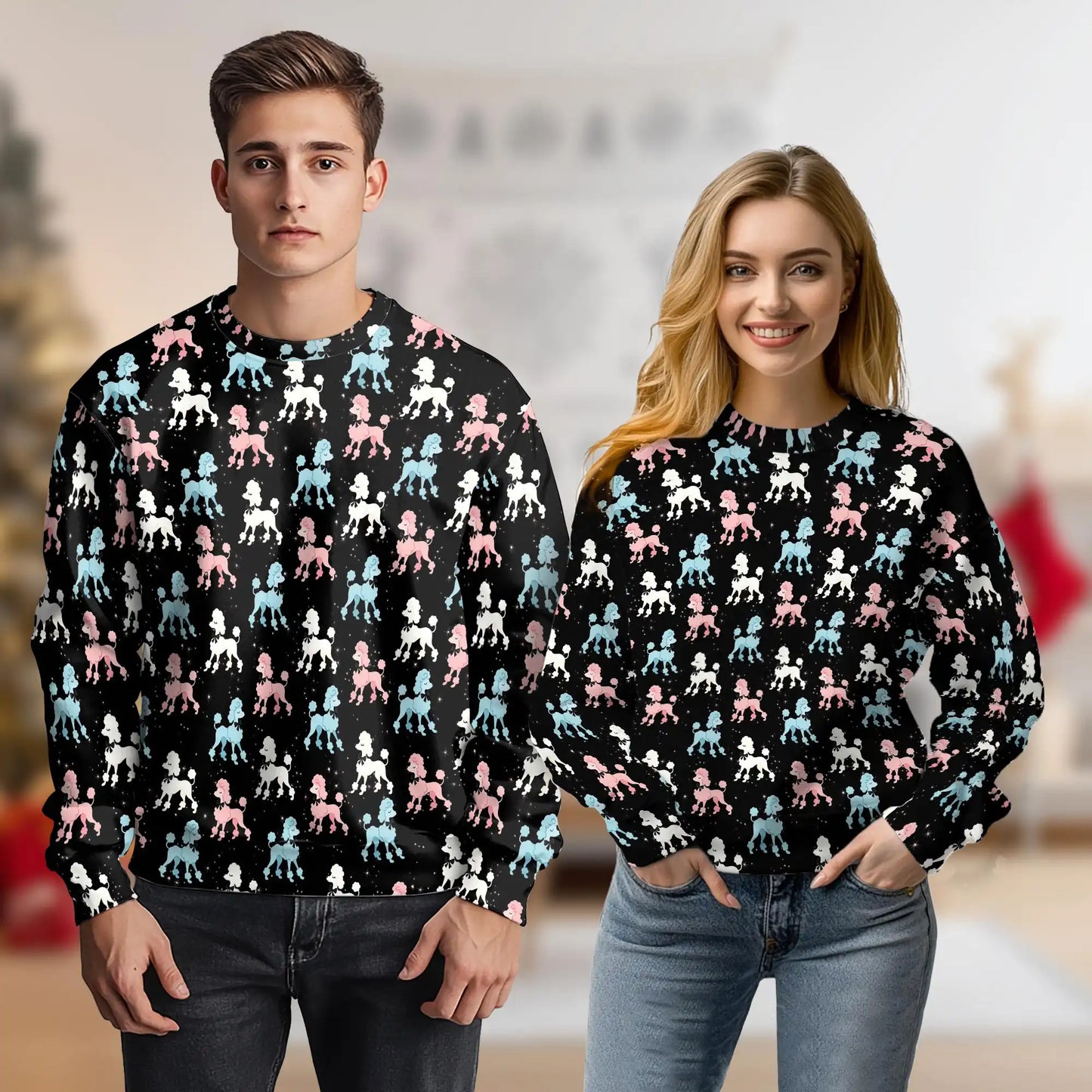 Retro Pink and Blue Poodle Sweatshirt, 3D All Over Print Vintage Dog Crewneck Pullover for Men Women, Poodle Lover Gift - Netecom