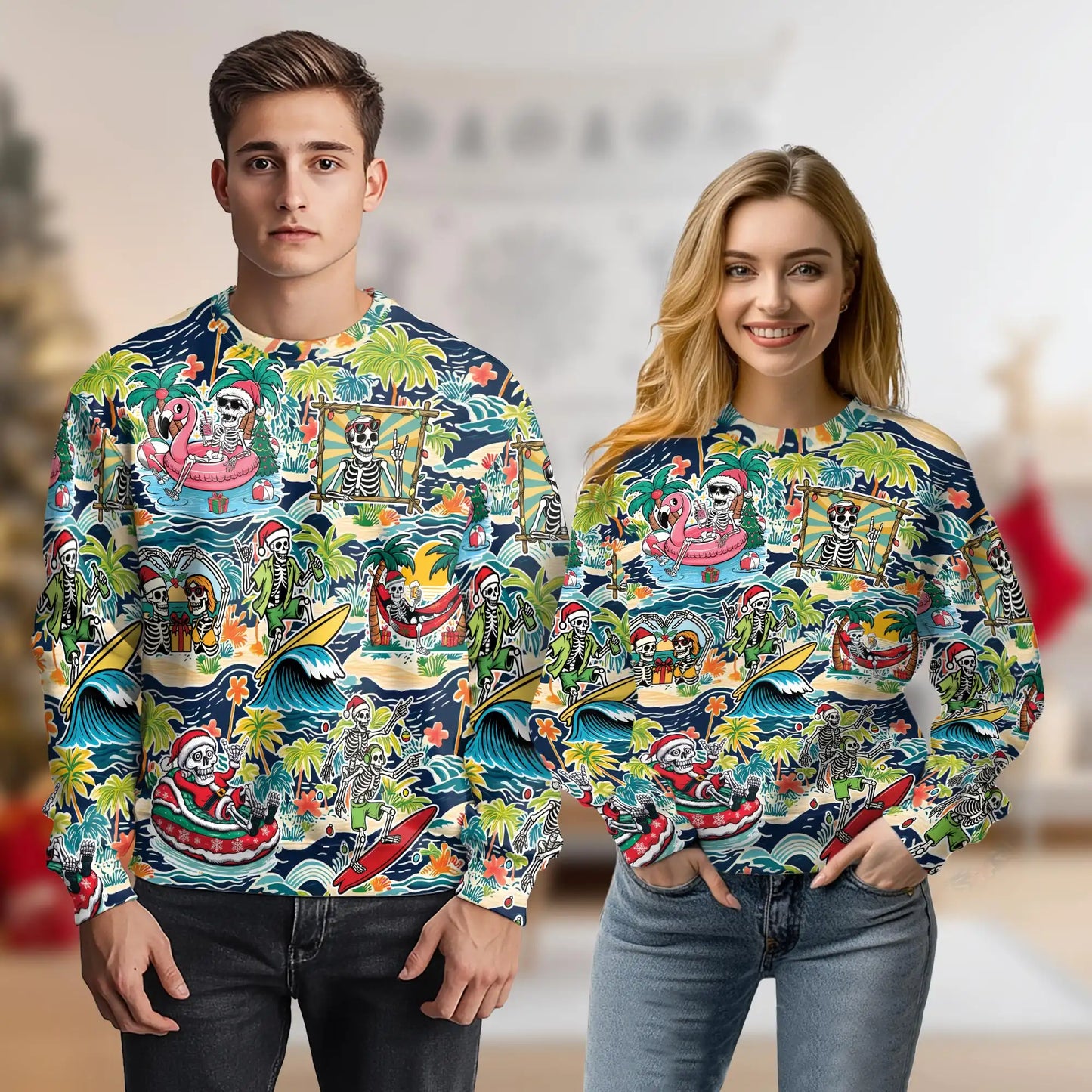 Christmas Skeleton Beach Sweatshirt, 3D All Over Print Tropical Holiday Crewneck Pullover for Men Women, Christmas Gift - Netecom