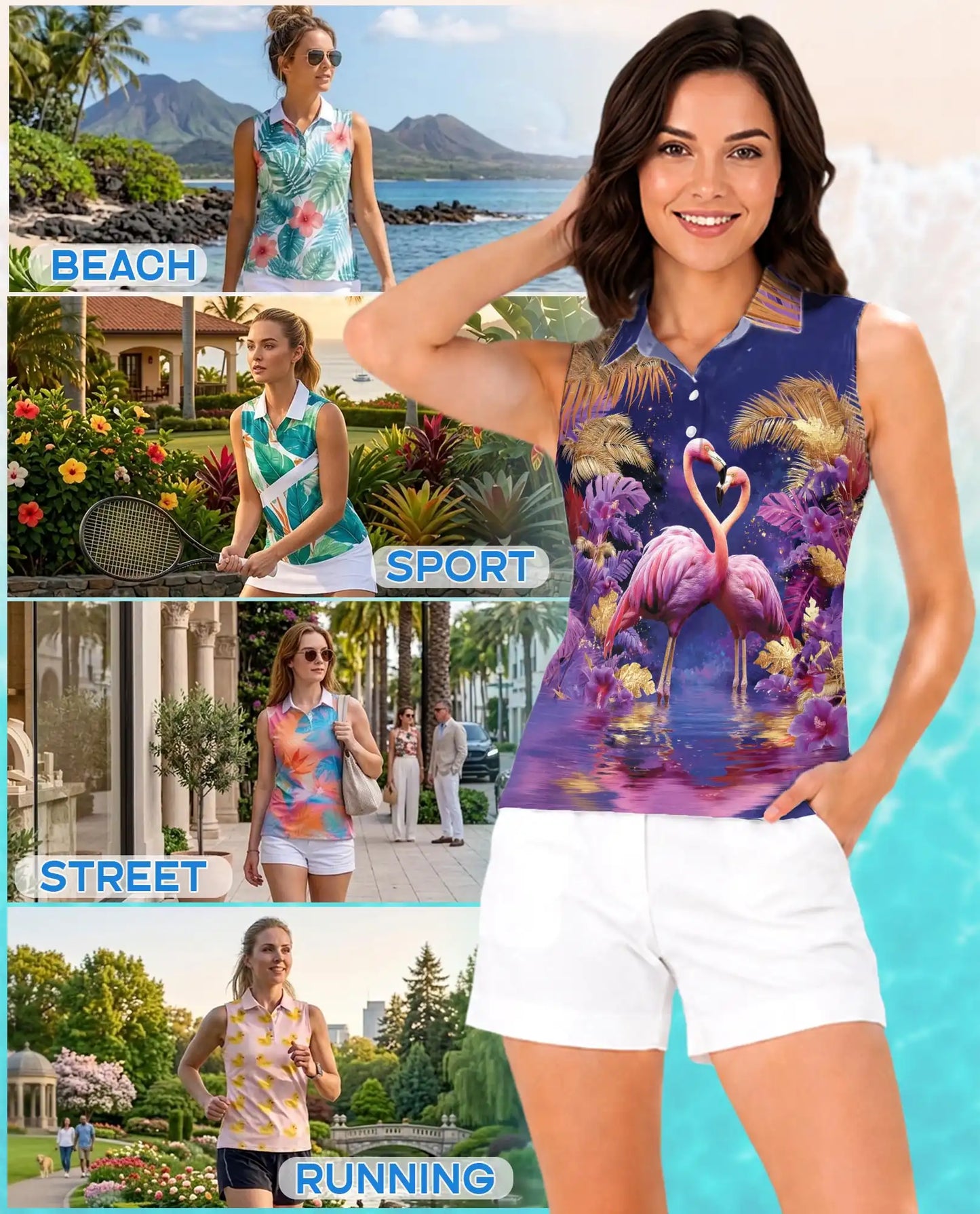 Tropical Pair of Pink Flamingos Sleeveless Polo Shirt for Women | Netecom