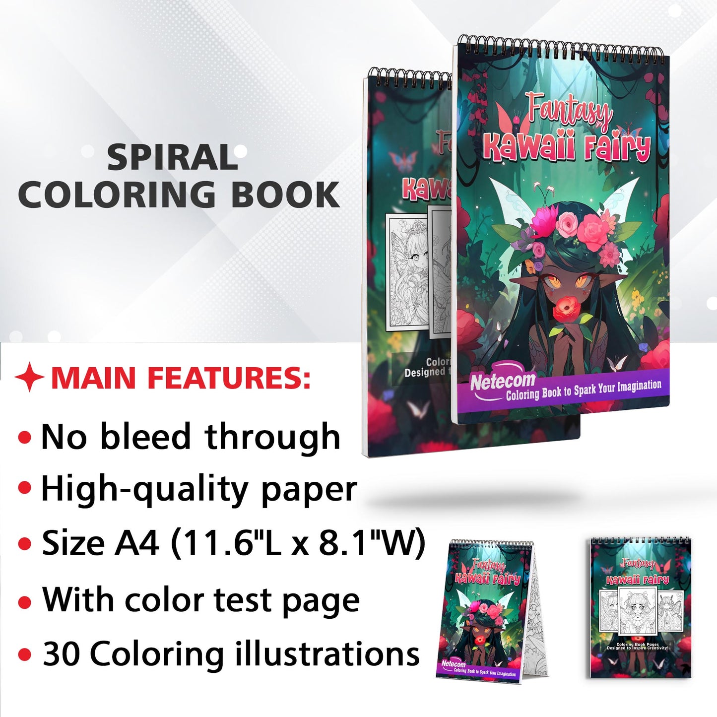 Fantasy Kawaii Fairy Spiral Bound Coloring Book, Embark on a Coloring Journey with 30 Pages, Featuring Adorable Kawaii Fairies in Magical Settings