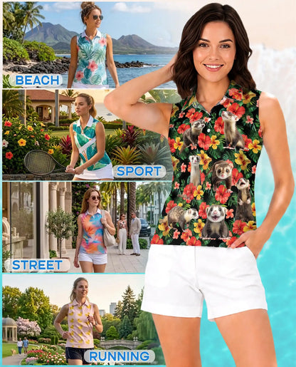 Ferrets Tropical Sleeveless Polo Shirt for Women – Cute Exotic Animal Style | Netecom