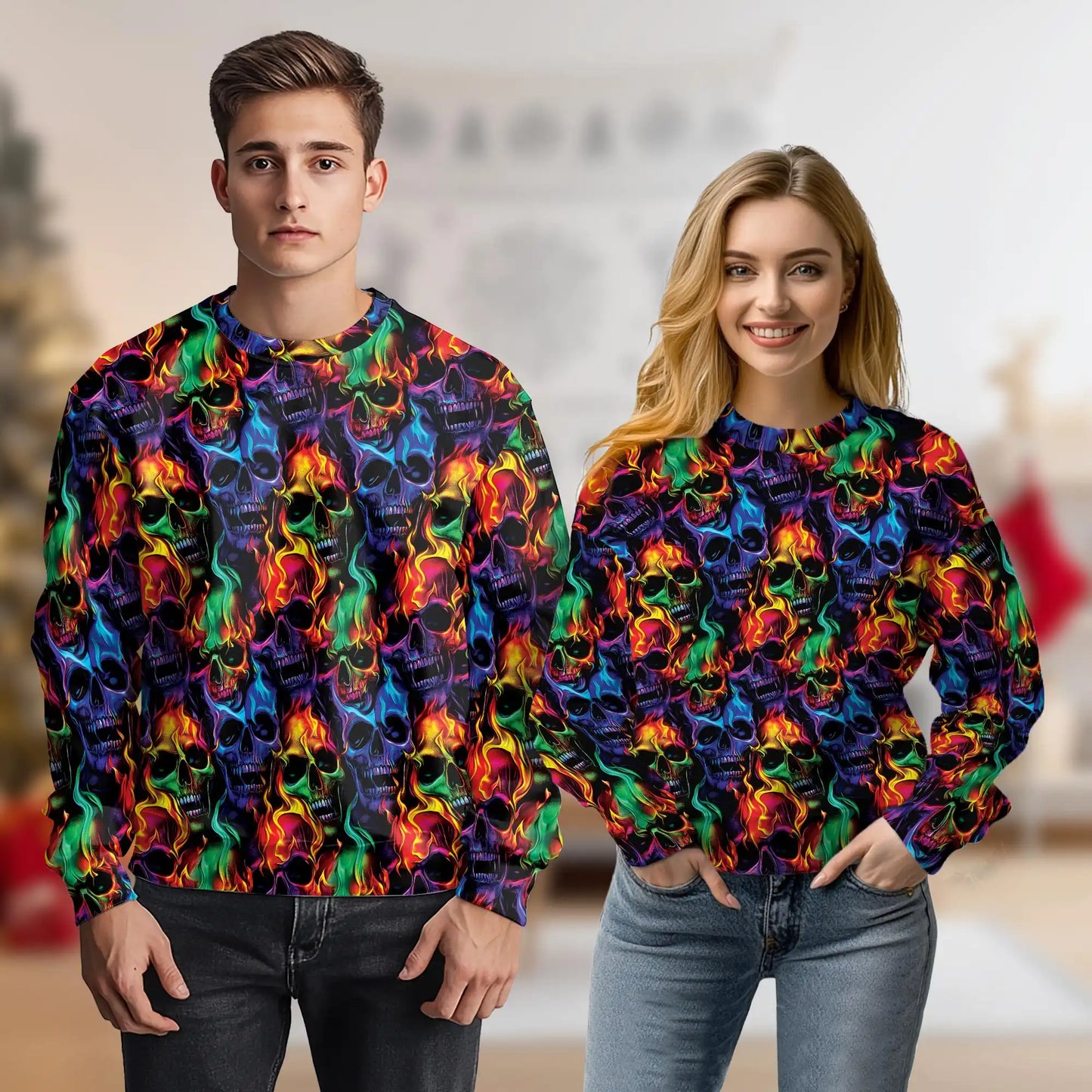 Flame Skull Sweatshirt, 3D All Over Print Fire Skull Crewneck Pullover for Men Women, Biker Gothic Skull Lover Gift - Netecom