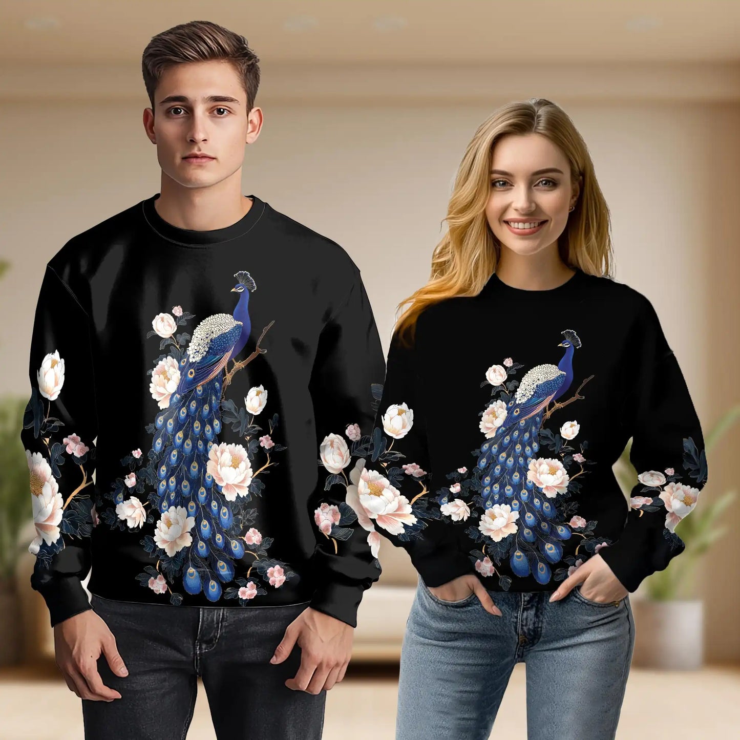 Peacock Peony Sweatshirt, 3D All Over Print Elegant Bird Floral Crewneck Pullover for Men Women, Peacock Lover Gift - Netecom