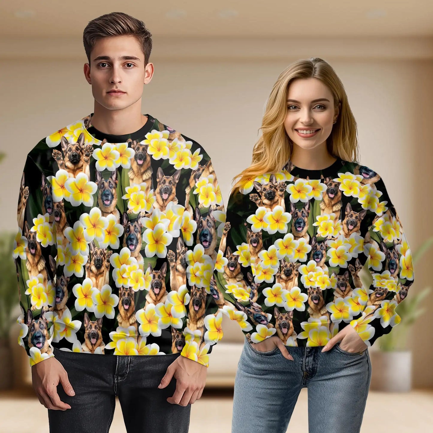 Plumeria German Shepherd Sweatshirt, 3D All Over Print Tropical Floral Dog Crewneck Pullover for Men Women, German Shepherd Lover Gift - Netecom