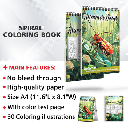 Summer Bugs Spiral Bound Coloring Book, Unleash Your Creativity with 30 Whimsical Coloring Pages of Summer Bugs