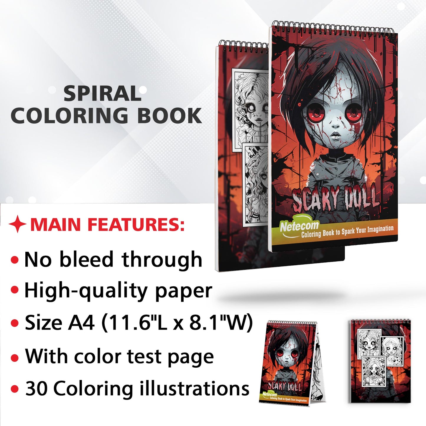 Scary Doll Spiral Bound Coloring Book, Discover the Sinister Charm of Scary Dolls with 30 Exquisite Coloring Pages that Showcase the Dark and Disturbing Nature of these Eerie Figures