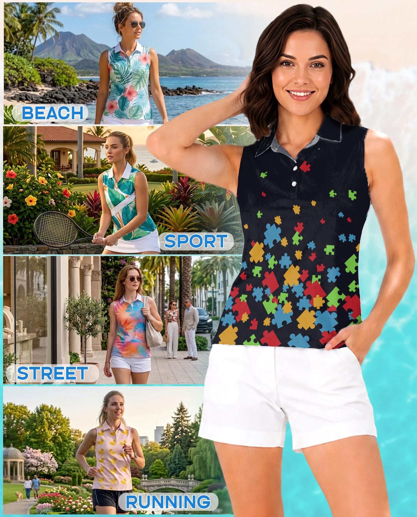 Colorful Autism Awareness Sleeveless Polo Shirt for Women – Support Style | Netecom