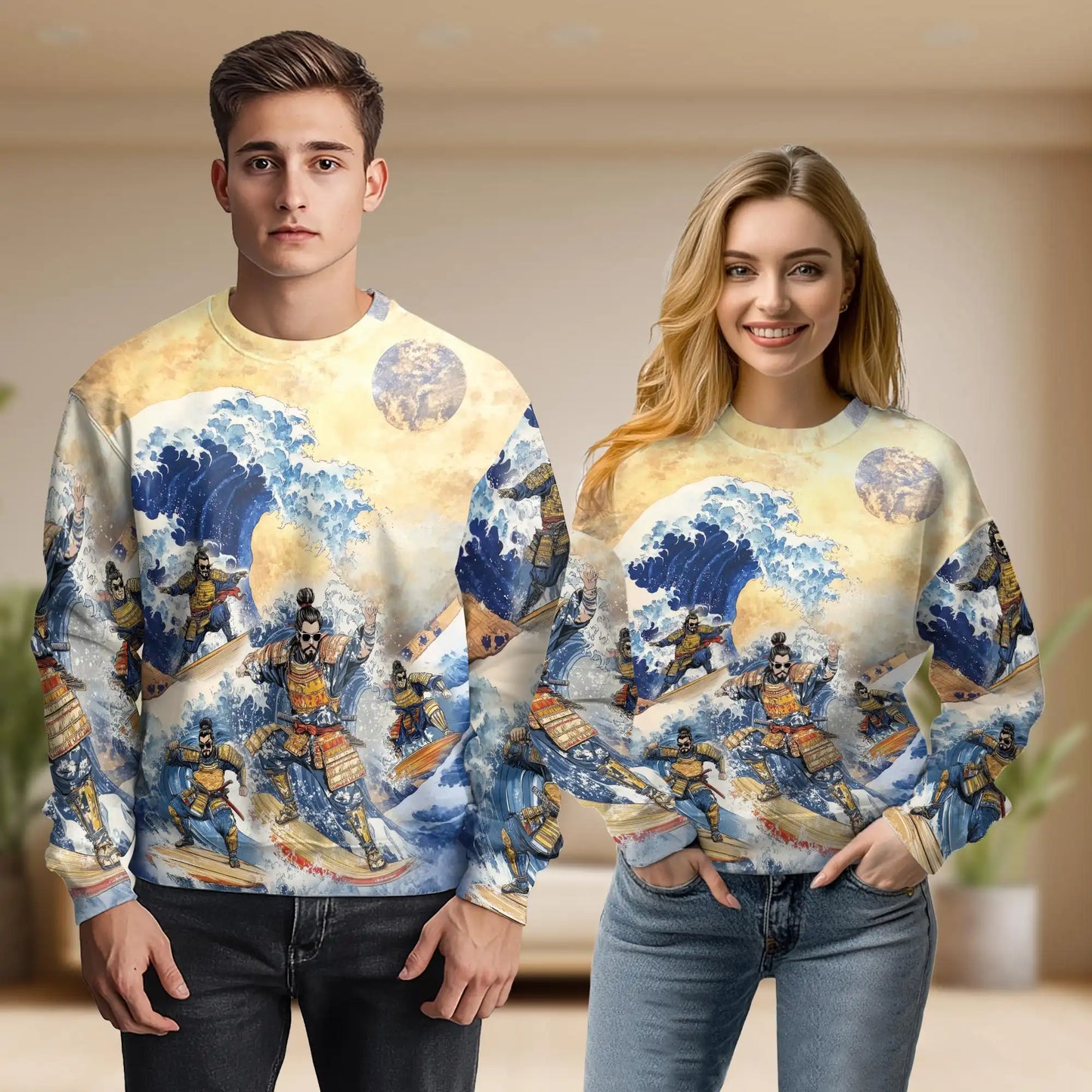 Samurai Surfing Sweatshirt, 3D All Over Print Japanese Warrior Beach Crewneck Pullover for Men Women, Samurai Lover Gift - Netecom