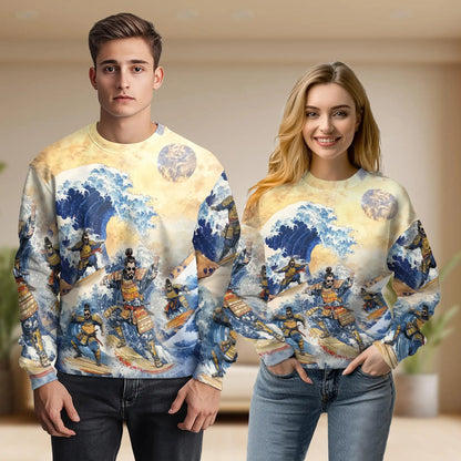 Samurai Surfing Sweatshirt, 3D All Over Print Japanese Warrior Beach Crewneck Pullover for Men Women, Samurai Lover Gift - Netecom