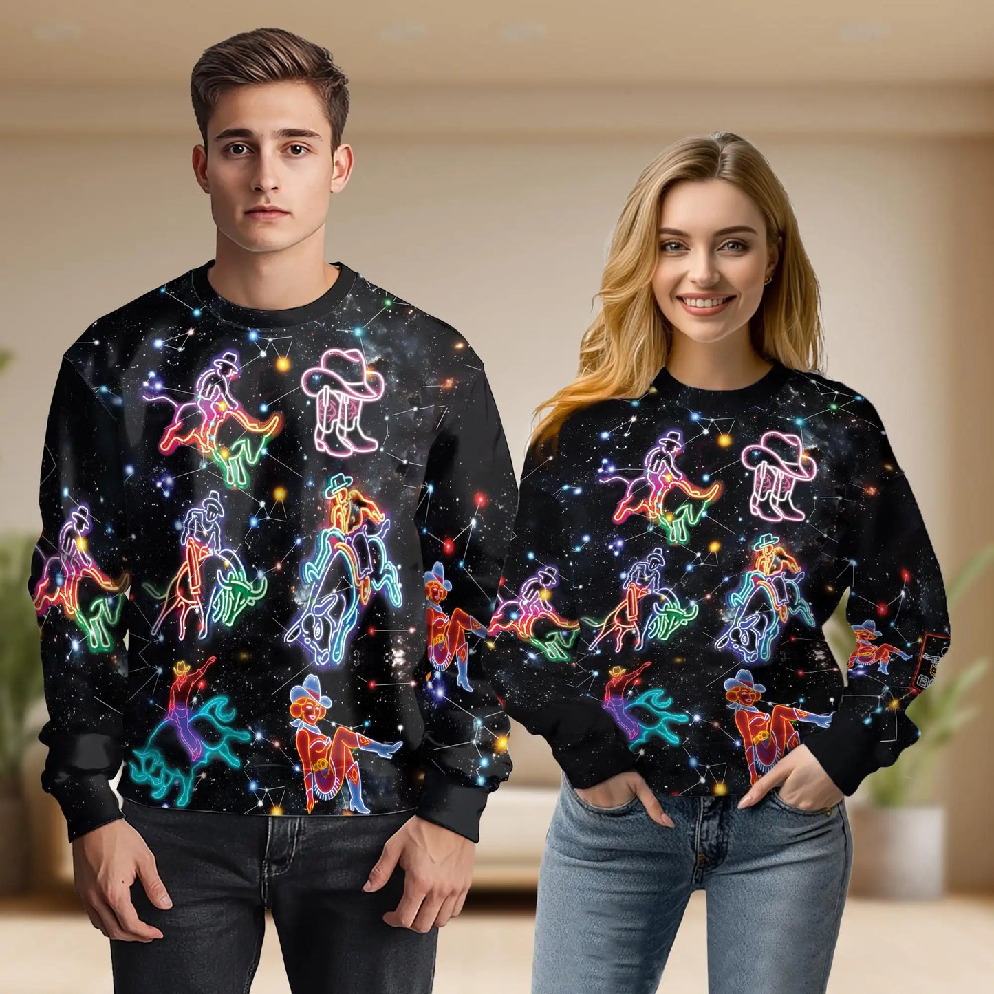 Riding Cow Neon Love Sweatshirt, 3D All Over Print Colorful Western Crewneck Pullover for Men Women, Cow Lover Gift - Netecom