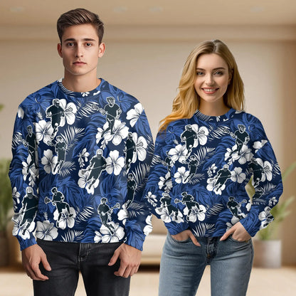 Blue Black Lacrosse Tropical Sweatshirt, 3D All Over Print Sports Palm Tree Crewneck Pullover for Men Women, Lacrosse Player Gift - Netecom