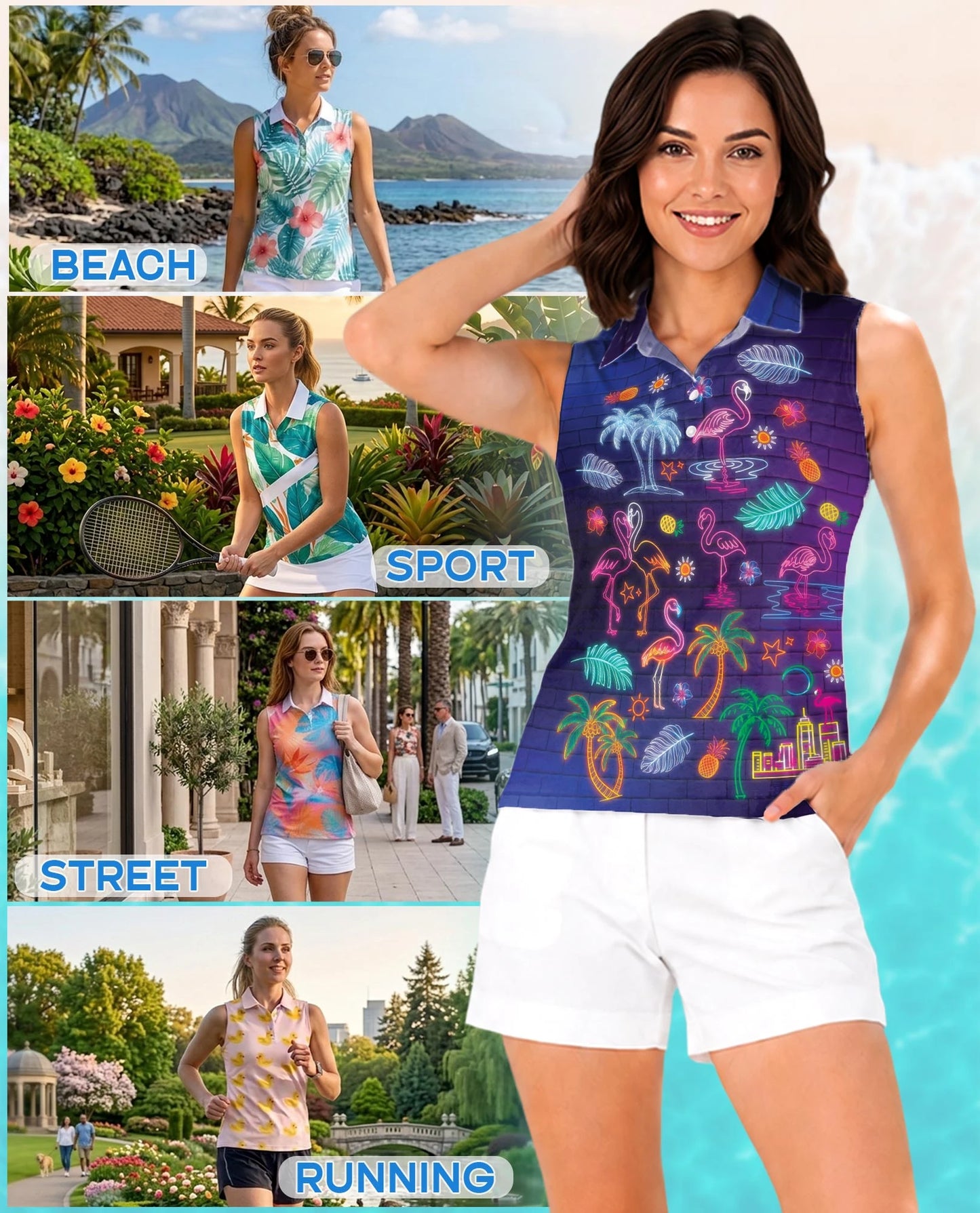 Synthwave Neon Tropical Sleeveless Polo Shirt for Women | Netecom