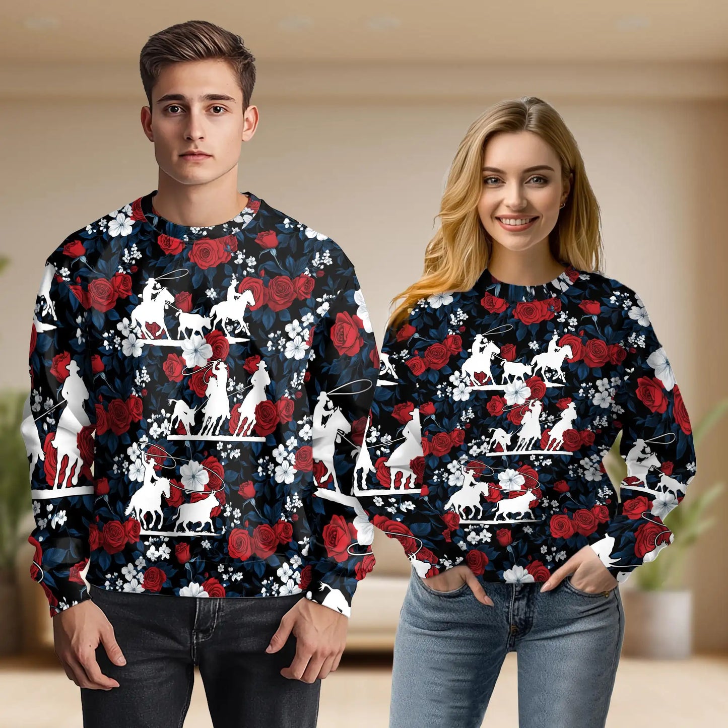 Horse Racing Flowers Rose Red Sweatshirt, 3D All Over Print Equestrian Floral Crewneck Pullover for Men Women, Horse Racing Lover Gift - Netecom