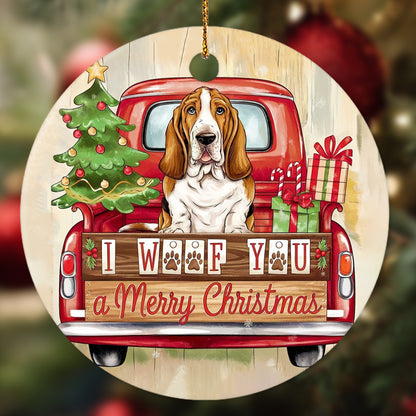Netecom Funny Basset Hound in Holiday Truck Ornament, I Woof You a Merry Christmas Ceramic Ornament for Christmas Tree Hanging Decorations Gift, Pet Lover Gifts, Holiday Party Present