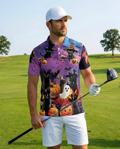 Halloween Black Cat Polo Shirt for Men – Spooky Cat Print | Netecom