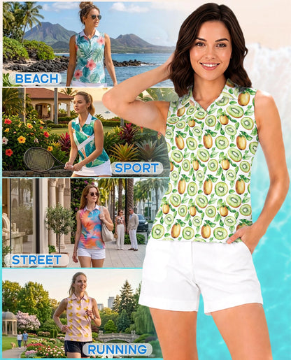 Kiwi Pattern Sleeveless Polo Shirt for Women | Netecom