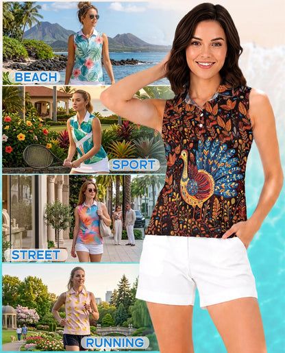 Chicken Thanksgiving Sleeveless Polo Shirt for Women | Netecom