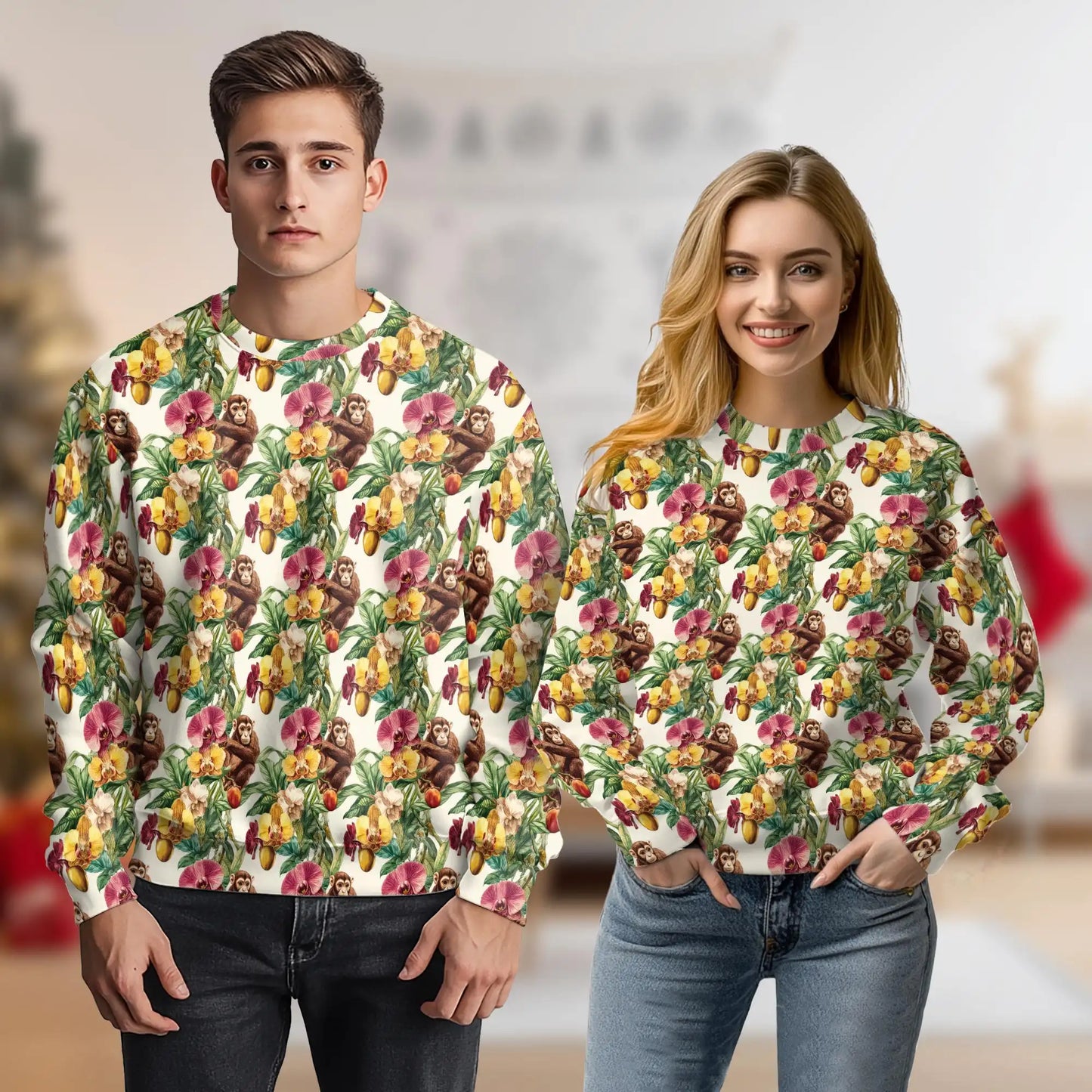 Tropical Monkey Sweatshirt, 3D All Over Print Exotic Jungle Crewneck Pullover for Men Women, Monkey Lover Gift - Netecom