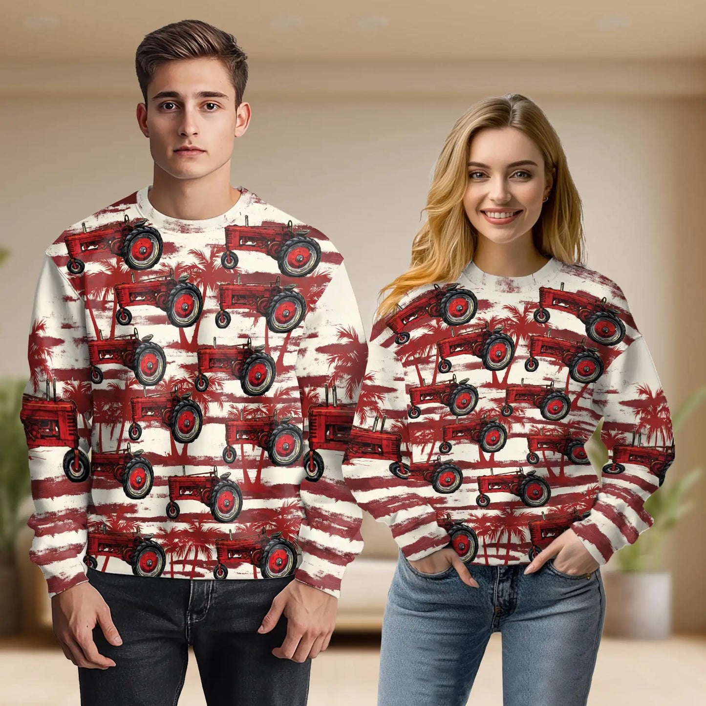 Red Tractor Sweatshirt, 3D All Over Print Farm Machinery Crewneck Pullover for Men Women, Tractor Lover Gift - Netecom