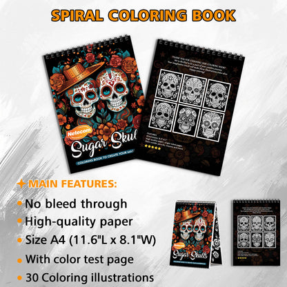 Sugar Skulls Spiral Bound Coloring Book, Vibrant Sugar Skulls for a Cultural and Artistic Journey, Great for Fans of Day of the Dead and Folk Art