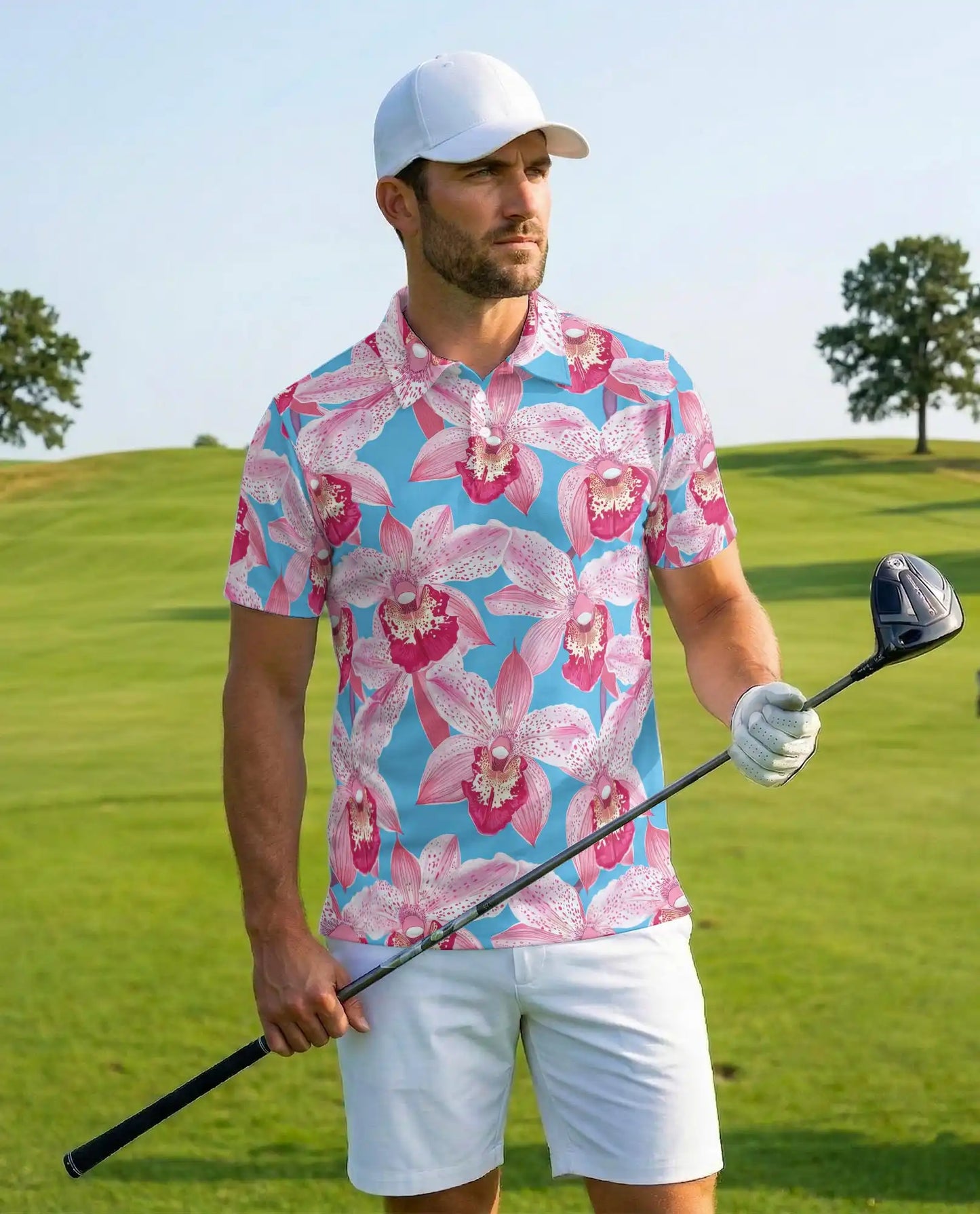 Pink Orchid Polo Shirt for Men – Tropical Floral Style | Netecom