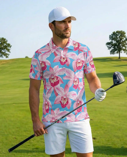Pink Orchid Polo Shirt for Men – Tropical Floral Style | Netecom