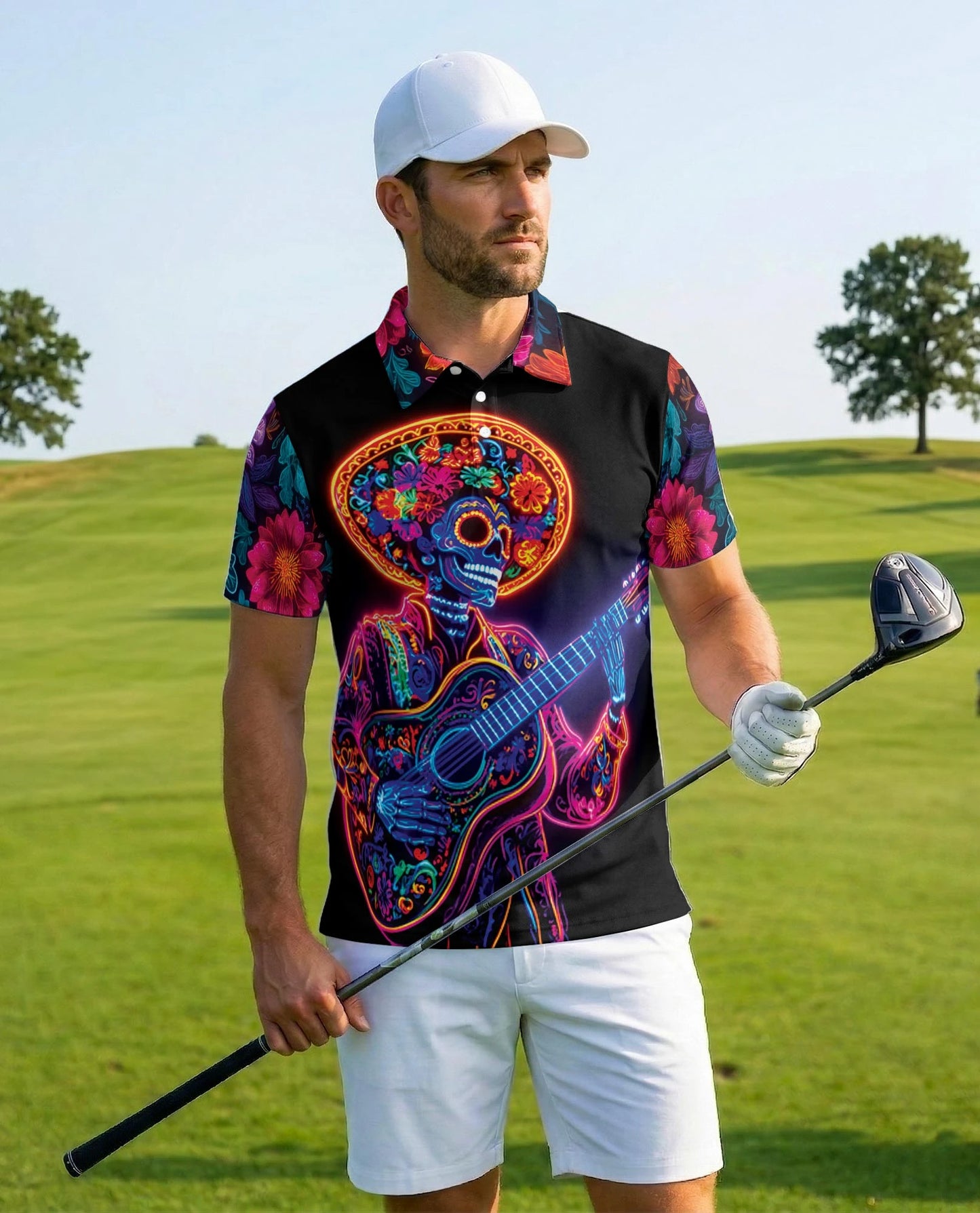 Day of the Dead Skeleton Guitar Polo Shirt for Men – Rock Skull Style | Netecom