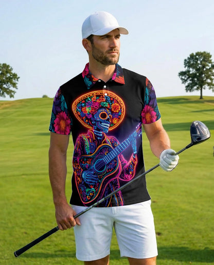 Day of the Dead Skeleton Guitar Polo Shirt for Men – Rock Skull Style | Netecom
