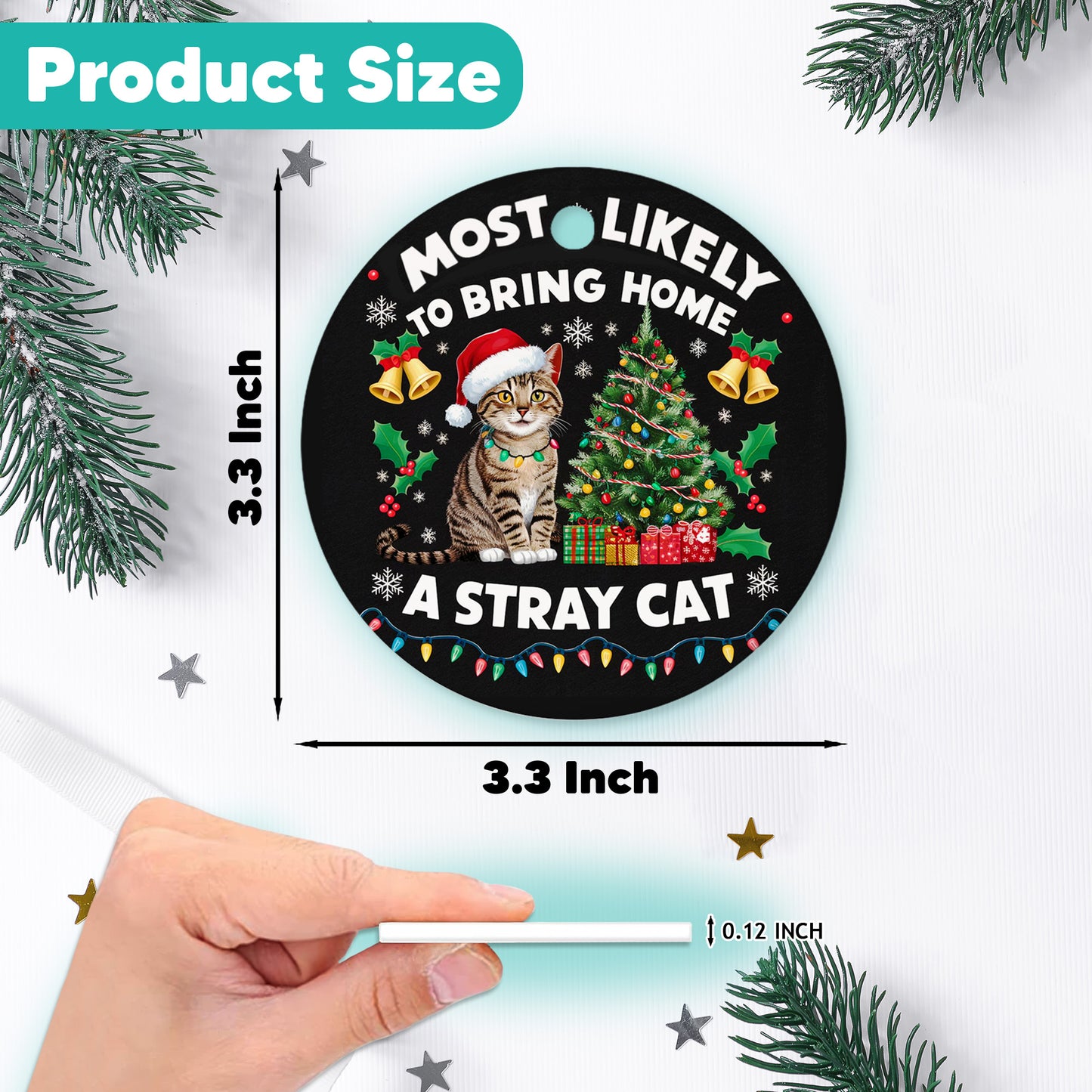 Netecom Funny Cat in Santa Hat with Christmas Tree Ornament, Most Likely to Bring Home a Stray Cat Ceramic Ornament for Xmas Tree Hanging Decorations Gift, Pet Lover Gift, Holiday Party Present