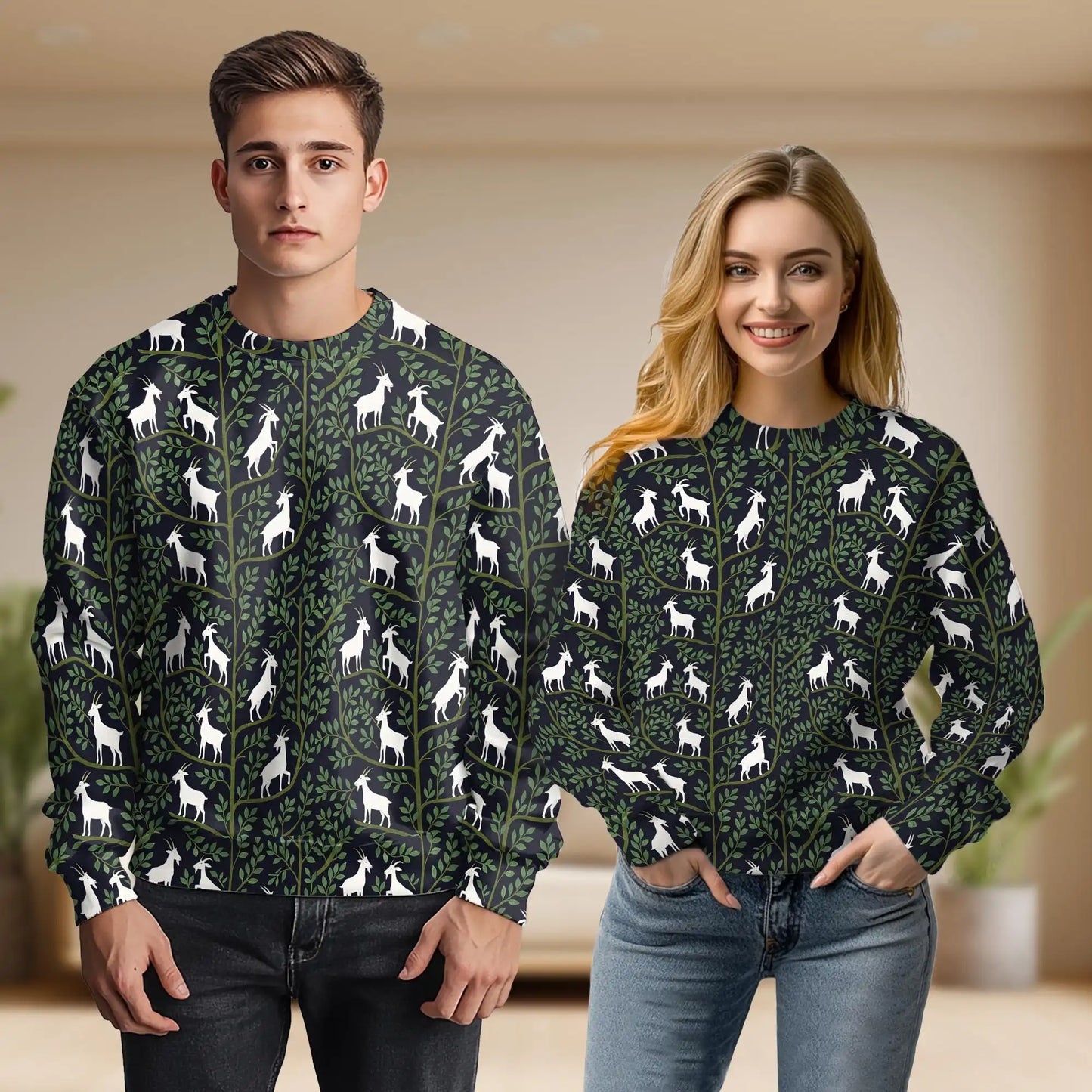 William Morris Style Goat Pattern Sweatshirt, 3D All Over Print Vintage Botanical Crewneck Pullover for Men Women, Goat Lover Gift - Netecom