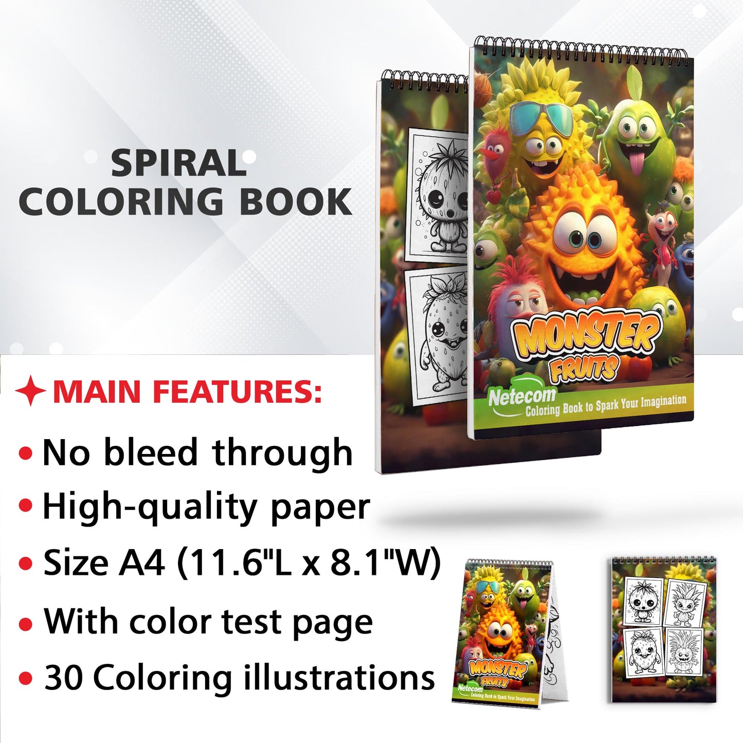 Monster Fruits Spiral Bound Coloring Book, Discover 30 Captivating Coloring Pages, Bringing Together Monsters and Fruits in Whimsical Artwork