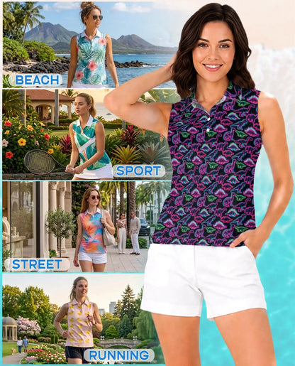 Neon Dinosaur Print Sleeveless Polo Shirt for Women | Netecom