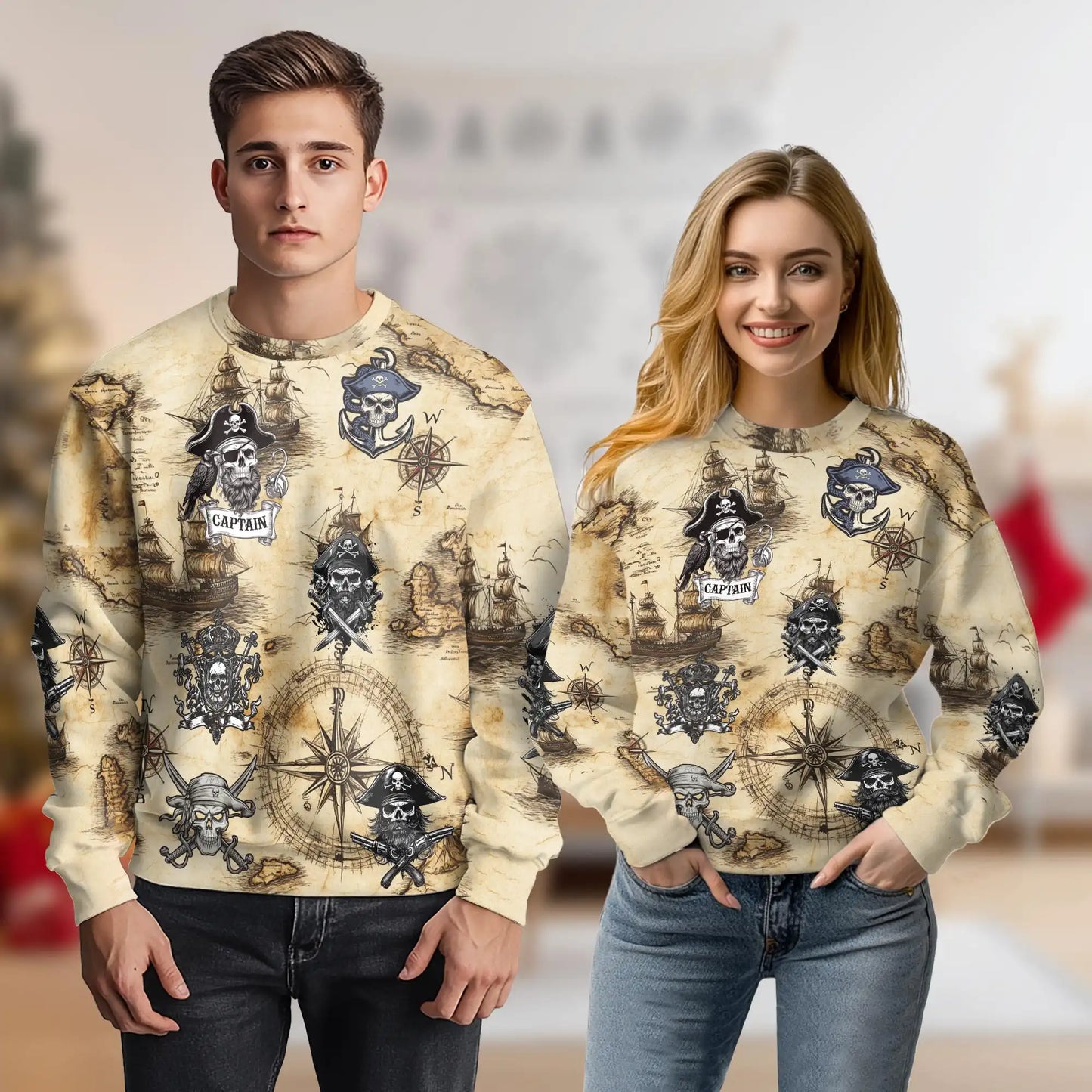 Vintage Pirate Skull Sweatshirt, 3D All Over Print Retro Pirate Crewneck Pullover for Men Women, Pirate Skull Lover Gift - Netecom