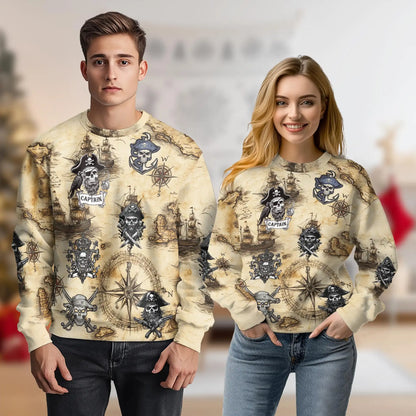 Vintage Pirate Skull Sweatshirt, 3D All Over Print Retro Pirate Crewneck Pullover for Men Women, Pirate Skull Lover Gift - Netecom