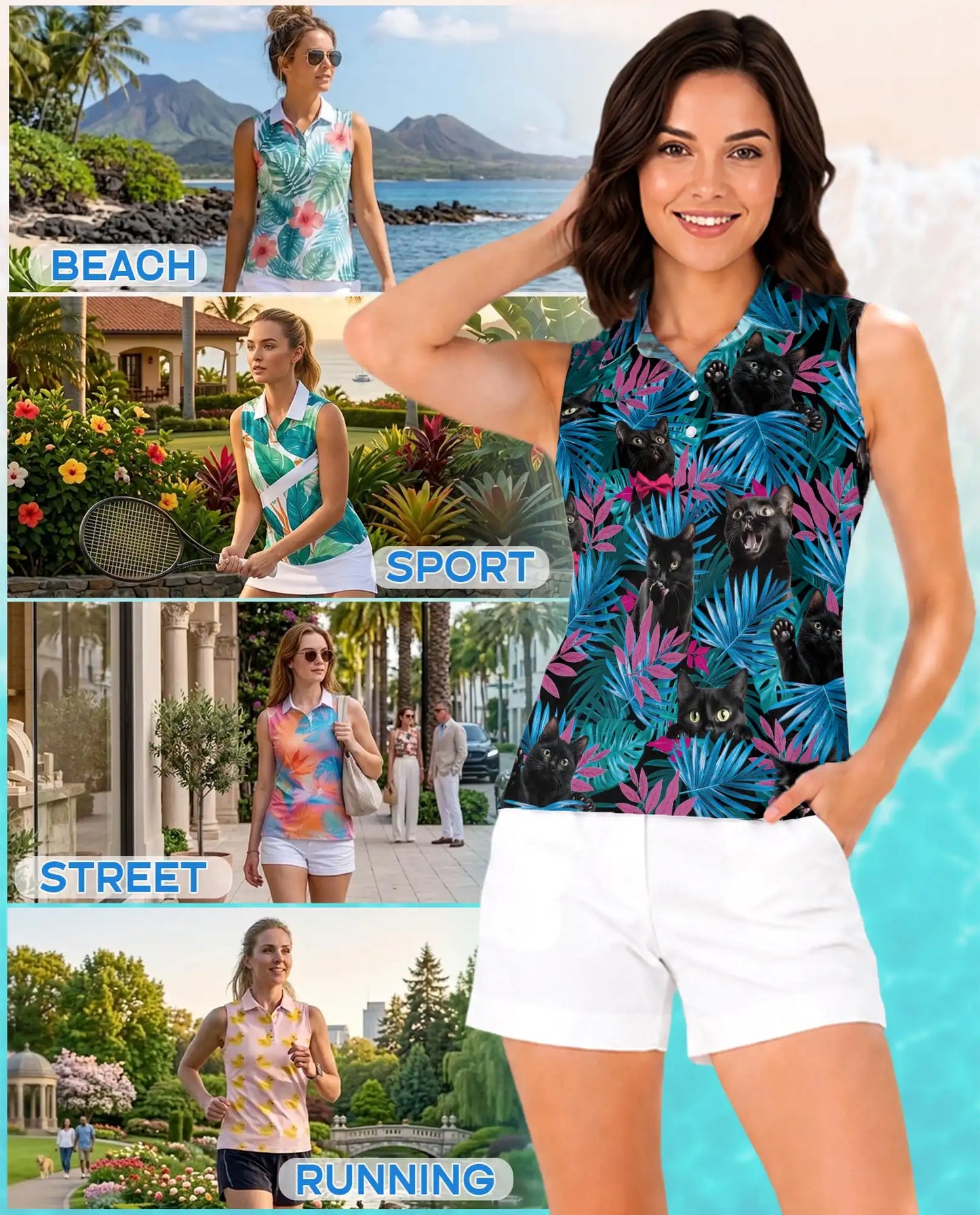 Black Cat Tropical Leaves Sleeveless Polo Shirt for Women| Netecom