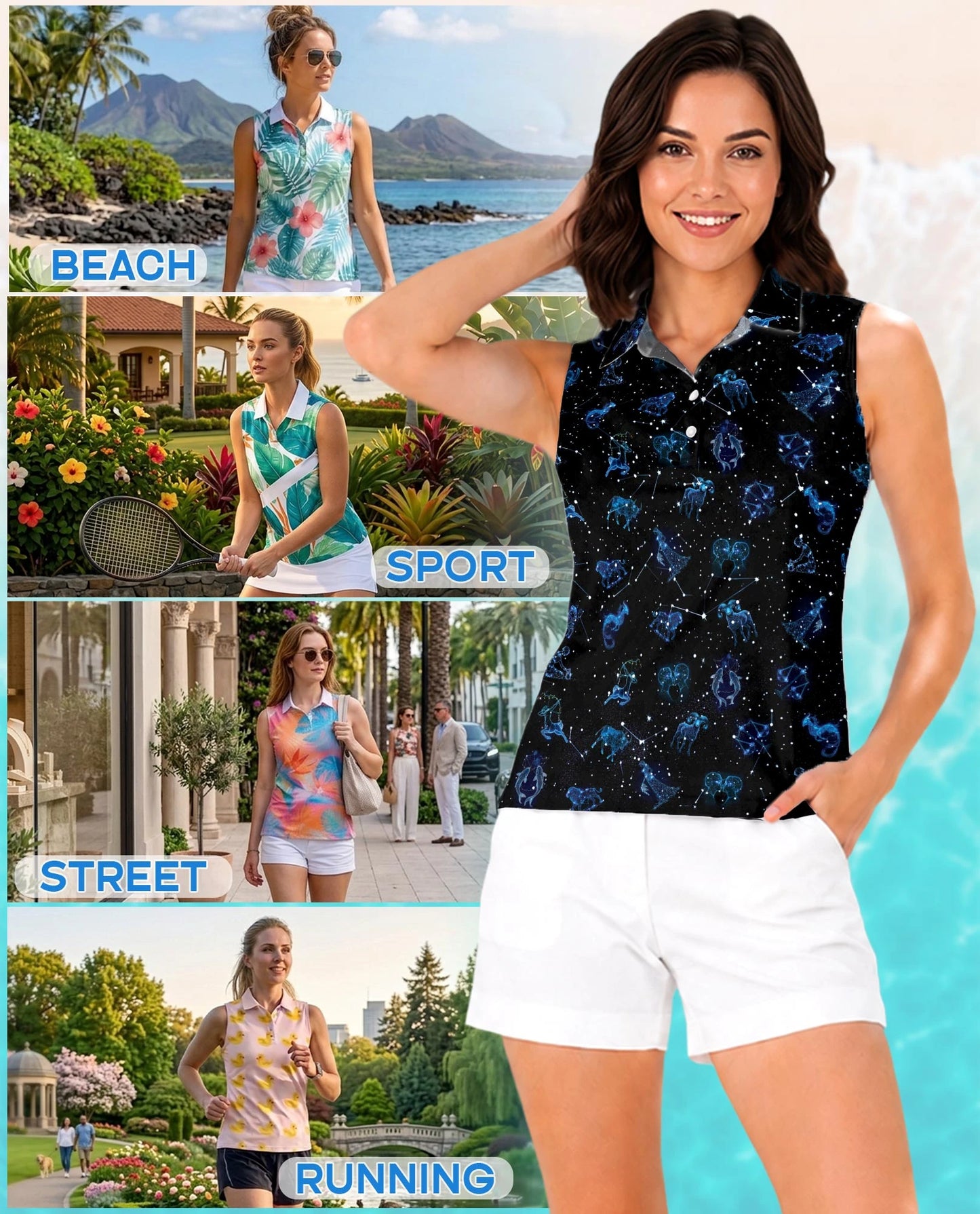 Zodiac Print Sleeveless Polo Shirt for Women | Netecom