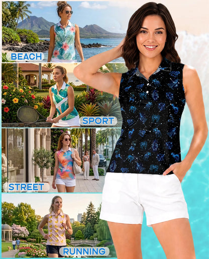 Zodiac Print Sleeveless Polo Shirt for Women | Netecom