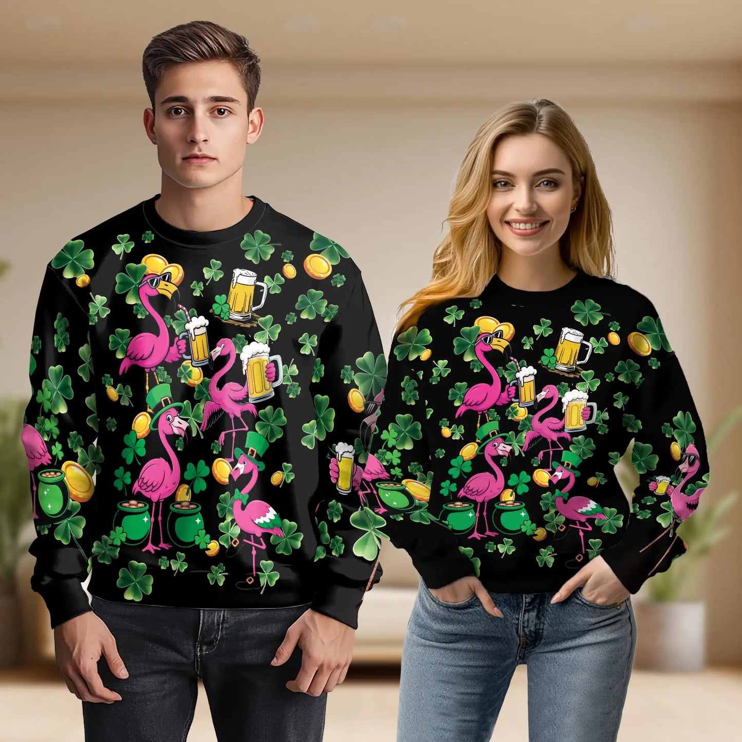 St. Patrick's Day Flamingo Pattern Sweatshirt, 3D All Over Print Irish Holiday Crewneck Pullover for Men Women, Flamingo Lover Gift - Netecom