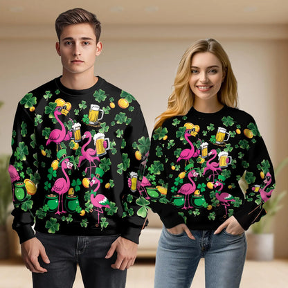 St. Patrick's Day Flamingo Pattern Sweatshirt, 3D All Over Print Irish Holiday Crewneck Pullover for Men Women, Flamingo Lover Gift - Netecom
