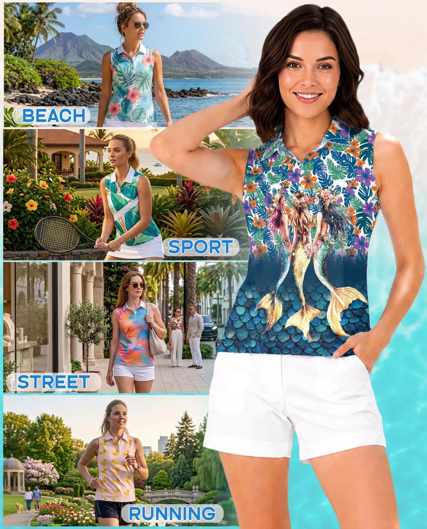 Three Mermaids Sleeveless Polo Shirt for Women | Netecom