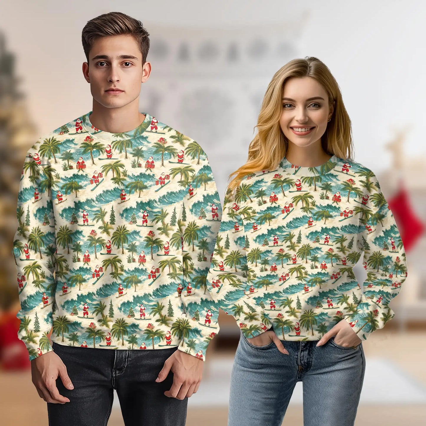 Mele Kalikimaka Santa Pattern Sweatshirt, 3D All Over Print Hawaiian Christmas Crewneck Pullover for Men Women, Tropical Holiday Gift - Netecom
