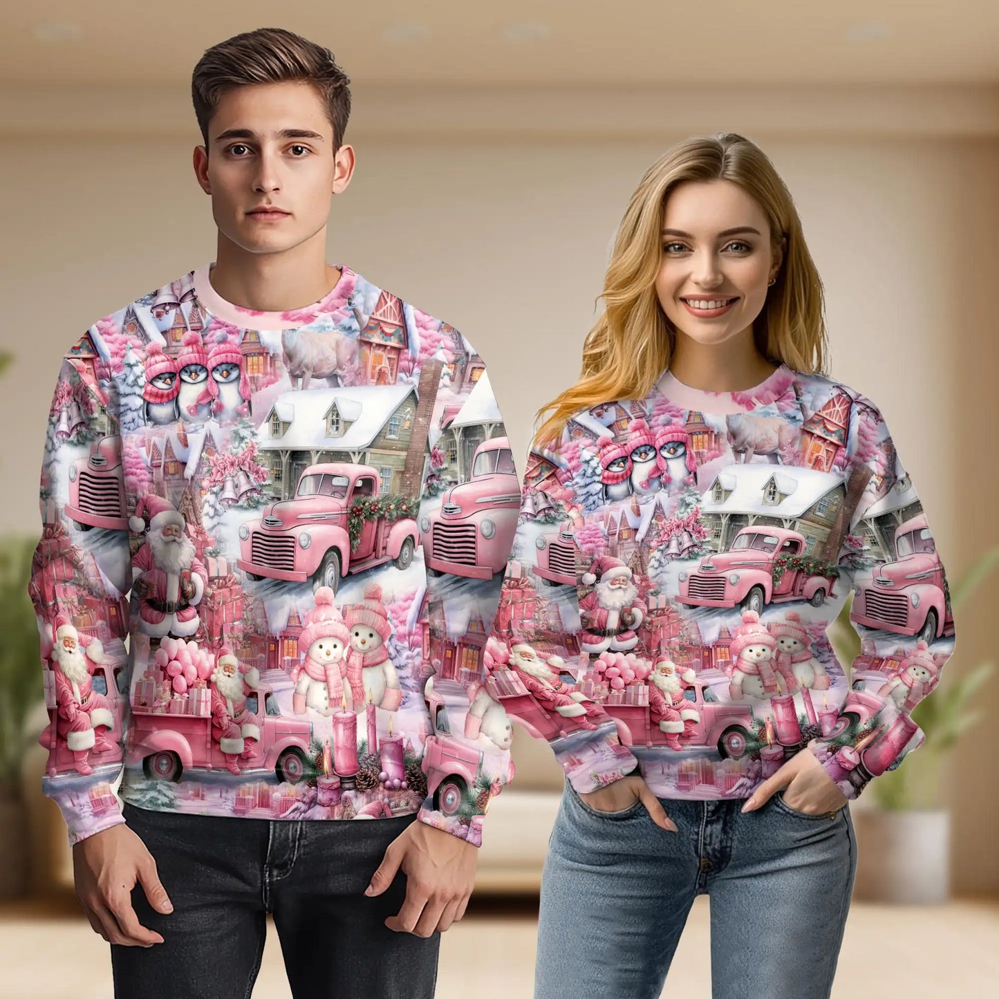 Pink Car Santa Christmas Sweatshirt, 3D All Over Print Holiday Vehicle Crewneck Pullover for Men Women, Christmas Gift - Netecom