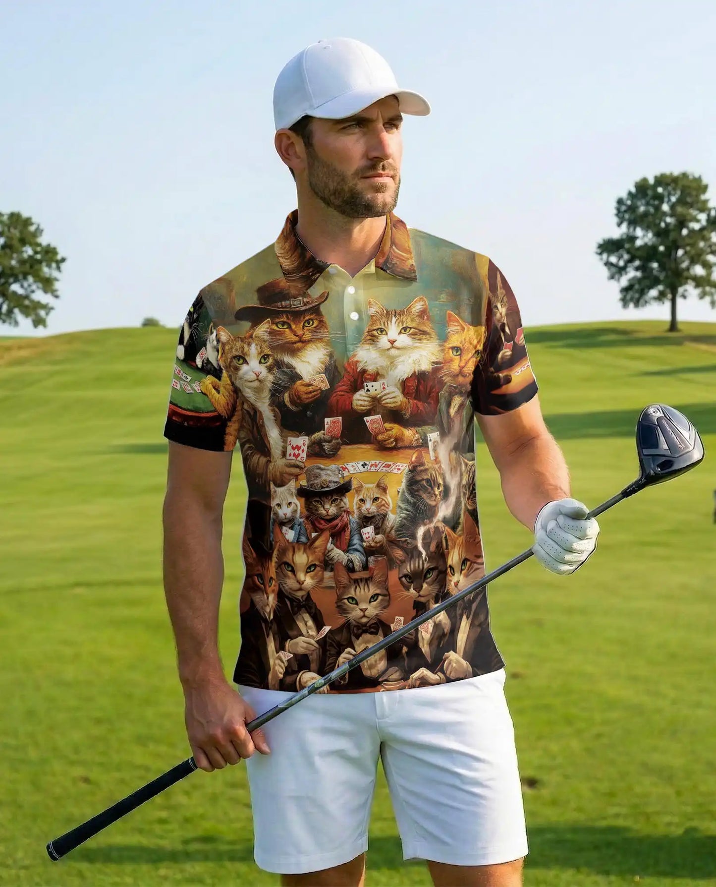 Vintage Cat Poker 3D Polo Shirt for Men – Funny Animal Card Game | Netecom