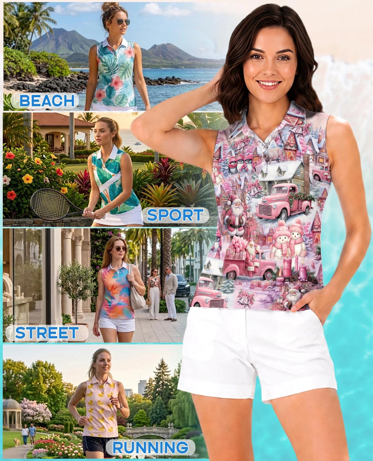 Pink Christmas Sleeveless Polo Shirt for Women | Netecom