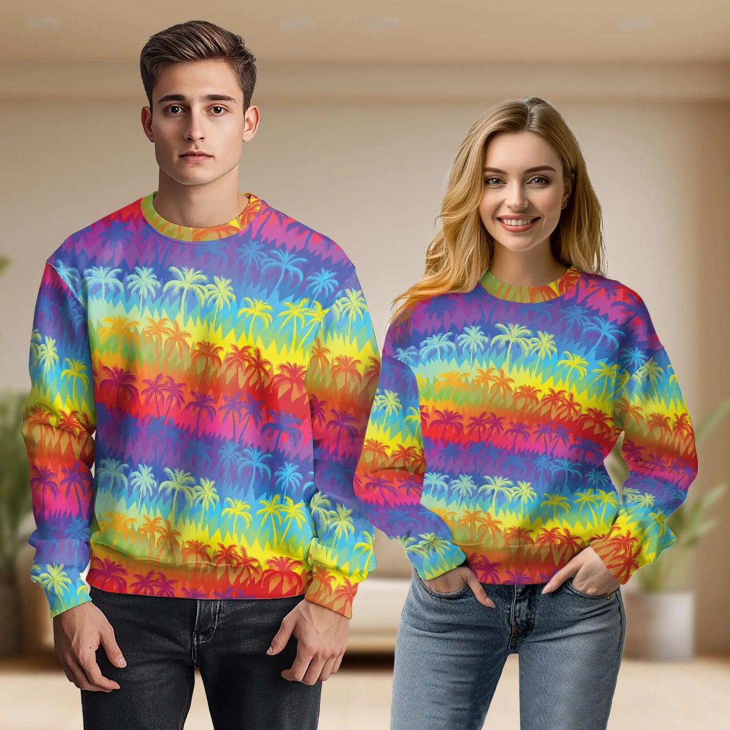 Rainbow Palm Tree Pattern Sweatshirt, 3D All Over Print Tropical Beach Crewneck Pullover for Men Women, Palm Tree Lover Gift - Netecom