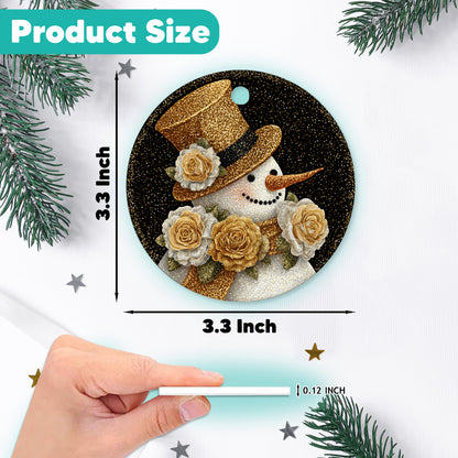 Netecom Gold Glitter Snowman Christmas Ornament, Funny Floral Ceramic Ornament for Xmas Tree Hanging Decorations Gift, Home Decor, Snowman Lover Gifts, Holiday Party Present