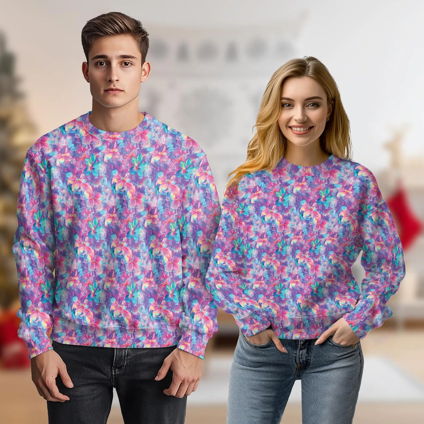 Neon Flower Sweatshirt, 3D All Over Print Psychedelic Floral Crewneck Pullover for Men Women, Colorful Flower Lover Gift - Netecom