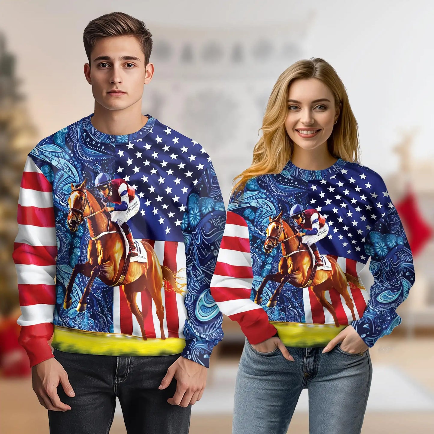 USA Flag Horse Racing Sweatshirt, 3D All Over Print Patriotic Equestrian Crewneck Pullover for Men Women, Horse Racing Lover Gift - Netecom